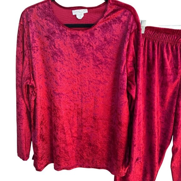 Carole Katz Vintage Red Velvet Burnout 2-Piece Stretch Lounge Top Pants Set L - Picture 2 of 11